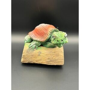 Plaster Turtle Figurine Log Sculpture Reptile Decor Whimsical Shelf Sitter 2.75"